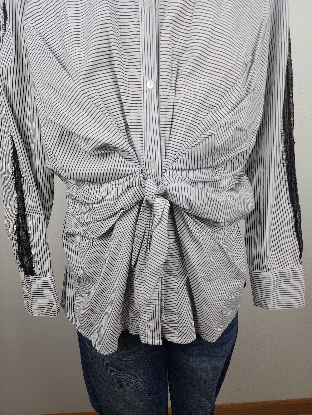 Worthington Striped Knot-Front Long Sleeve Shirt - Black/White Sz XL - Picture 3 of 9